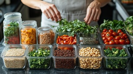 Obraz premium A creative meal prep station featuring an array of fresh vegetables, grains, and nuts for a week of vegan meals.