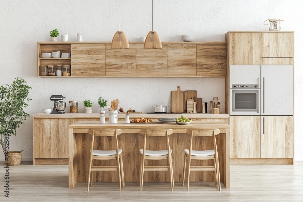 Poster Stylish kitchen interior with bar island, cabinets, and kitchenware