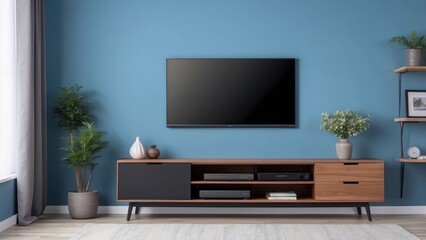 Modern living room with a flat screen TV mounted above a wooden entertainment console
