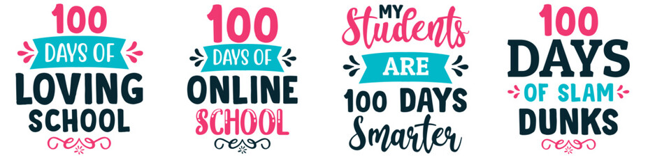 Minimal 100 Days Of School Hand Lettering, Invitation Bundle Vector Illustration for Social Media Post, Magazine, Banner