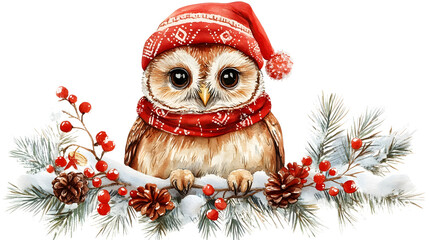 A charming watercolor illustration of an owl wearing a Santa hat and scarf, perched on snow-covered pine branches with berries and pinecones, capturing the festive holiday spirit.