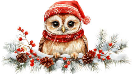 A charming watercolor illustration of an owl wearing a Santa hat and scarf, perched on snow-covered pine branches with berries and pinecones, capturing the festive holiday spirit.