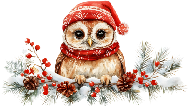 A charming watercolor illustration of an owl wearing a Santa hat and scarf, perched on snow-covered pine branches with berries and pinecones, capturing the festive holiday spirit.