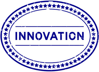 Grunge blue innovation word oval rubber seal stamp on white background