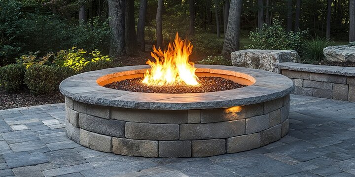 Circular outdoor stone paver firepit with fire blazing inside and subtle recessed lighting hidden around the base; hardscaping background image 