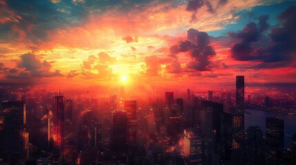 Obraz premium Breathtaking sunset over a city skyline, showcasing vibrant colors and dramatic clouds, perfect for travel or urban themes.