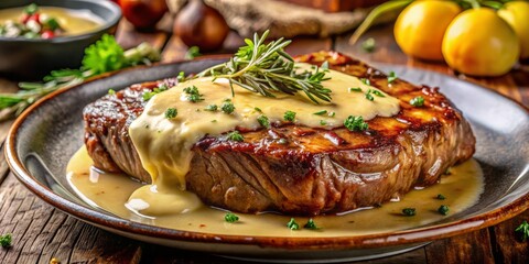 Juicy steak entrecote with garlic butter and gruyère sauce, fine dining mood upscale, medium rare cooking method, golden yellow color, culinary celebration concept rich and savory Flavor Profile.