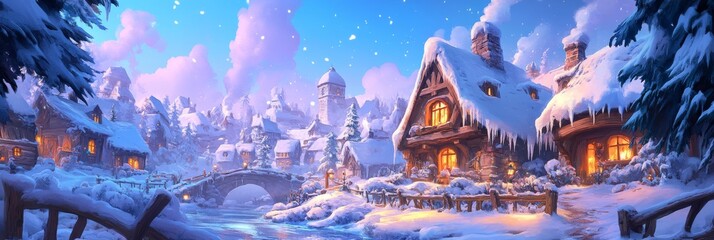 A cozy anime-style winter wonderland for festive season celebrations and 2025 New Year greetings, Anime-style illustrations for poster, novel, web, and games