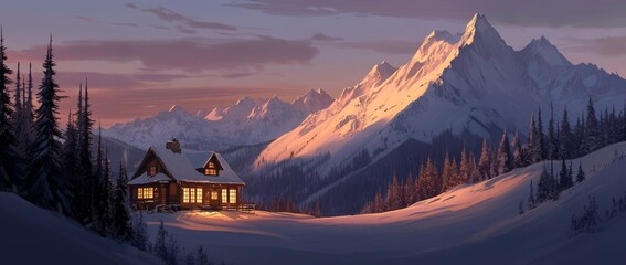 Anime-Style Enchantment Amidst Snow-Capped Peaks for Alpine Adventures and Seasonal Celebrations, Illustrations for Posters, Novels, UI, Web, Games.