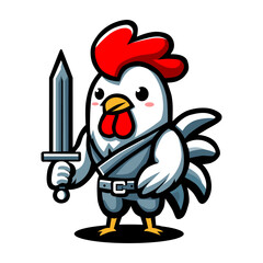 a cartoon drawing of a rooster with a sword and shield.