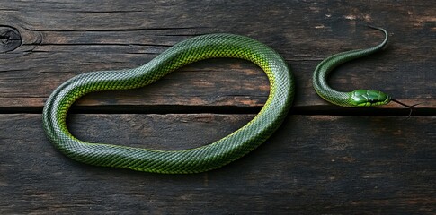 Fototapeta premium An Eastern (Chinese) calendar symbolically depicts a vibrant green snake coiling on a wooden surface.