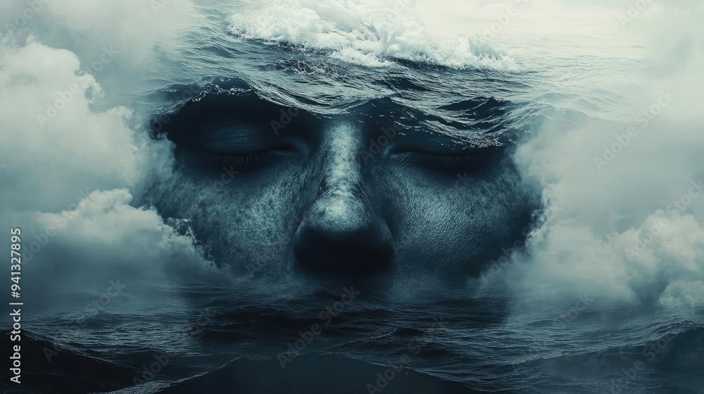 Poster a surreal image blending a human face with ocean waves and stormy clouds, evoking deep emotions and 