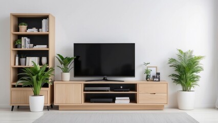Fototapeta premium Modern living room with wooden entertainment center, TV, and potted plants