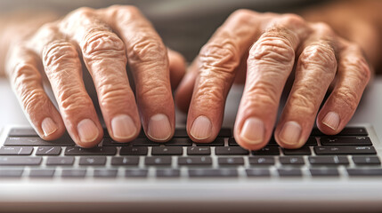Older Hands Typing on Keyboard at Computer Workstation