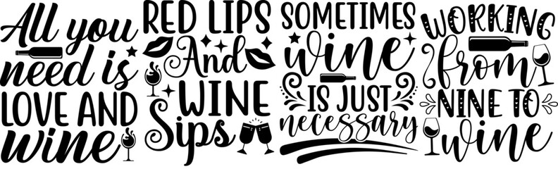Simple Wine Calligraphic Lettering, Typography Bundle Vector Illustration for Decal, Flyer, Newsletter