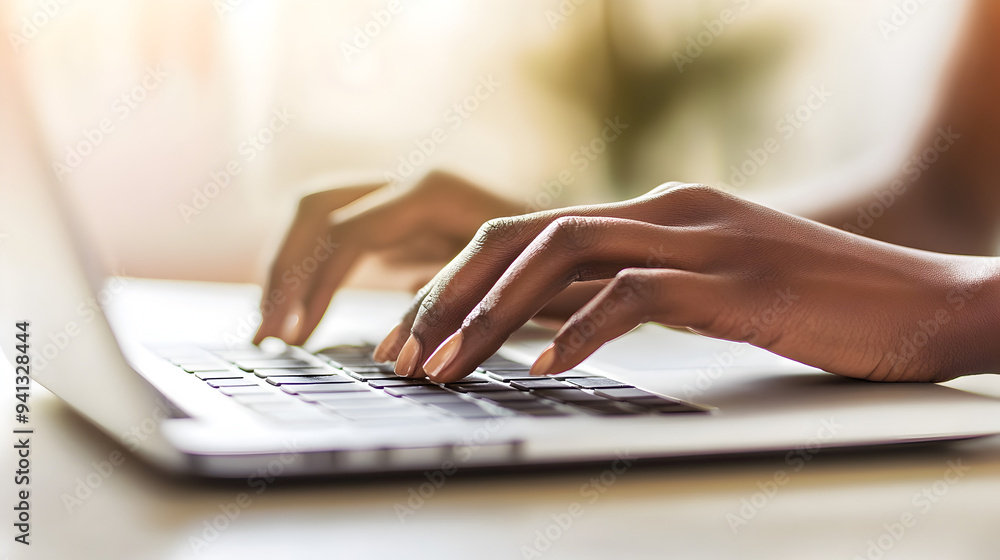 Poster hands typing on laptop computer in modern workspace