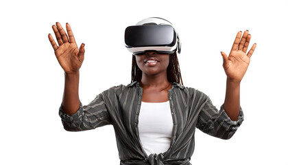 Portrait of African American woman using virtual reality headset, isolated on white background
