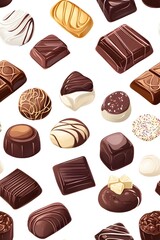 A seamless vector pattern featuring various chocolates in flat colors against a white background, showcasing a playful and stylish design.......