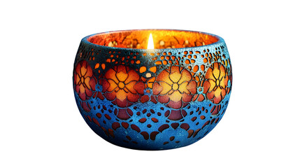 A lit candle in a colorful, tribal-patterned holder, creating a warm and cozy ambiance with its intricate design and soft glow.