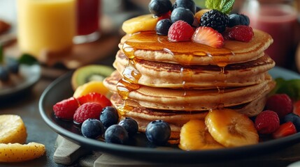 A healthy breakfast setup with vegetarian pancakes, fresh fruit, and smoothies emphasizes a balanced start to the day.