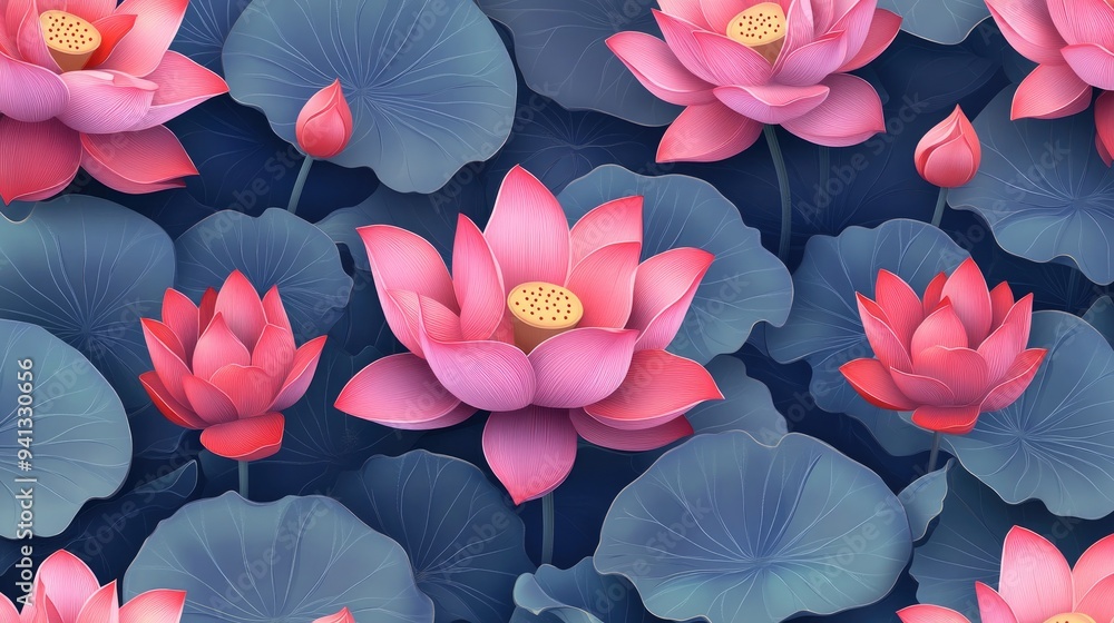 Poster Stylized hand drawn lotus flowers seamless pattern in oriental style created with 3D cartoon rendering Endless background