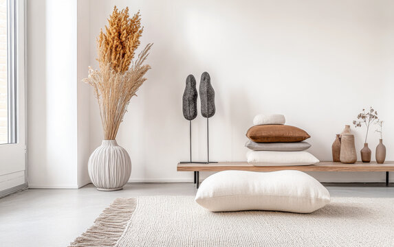 Serene minimalist living room space with a couch, rug, window lighting and fancy decor. Interior design composition for Real Estate purposes.