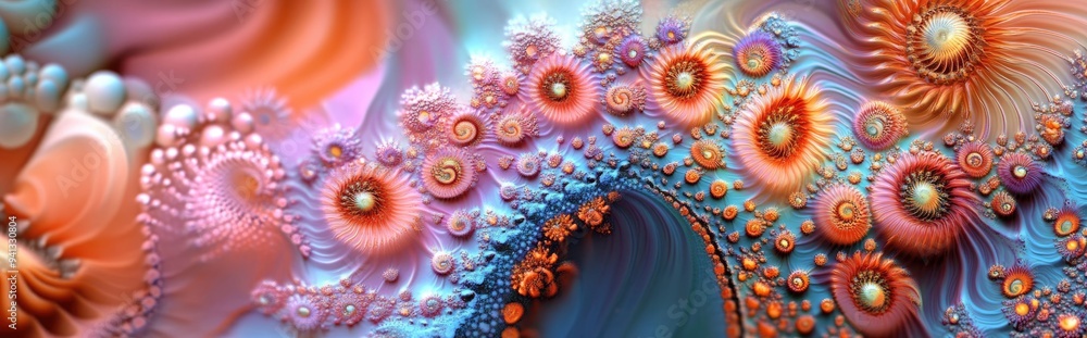 Poster Abstract fractal patterns and shapes in a 3D cartoon rendering Dynamic flowing natural forms featuring flowers and spirals create a mysterious psychedelic relaxation pattern