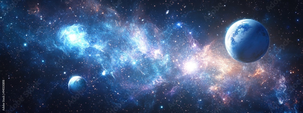 Poster 2D illustration of a vast deep space scene featuring bright stars planets and moons Various creative science fiction backdrops and alien solar systems create a realistic cosmic environment