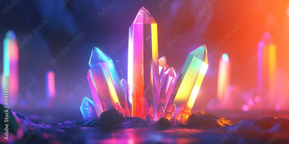 Poster Beautiful abstract crystal with colorful light designed as a 3D cartoon rendering accompanied by a background pattern