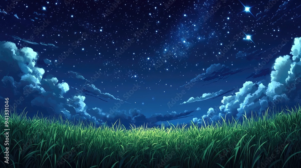 Poster illustration design background featuring a night sky over a grass field in 3d cartoon rendering