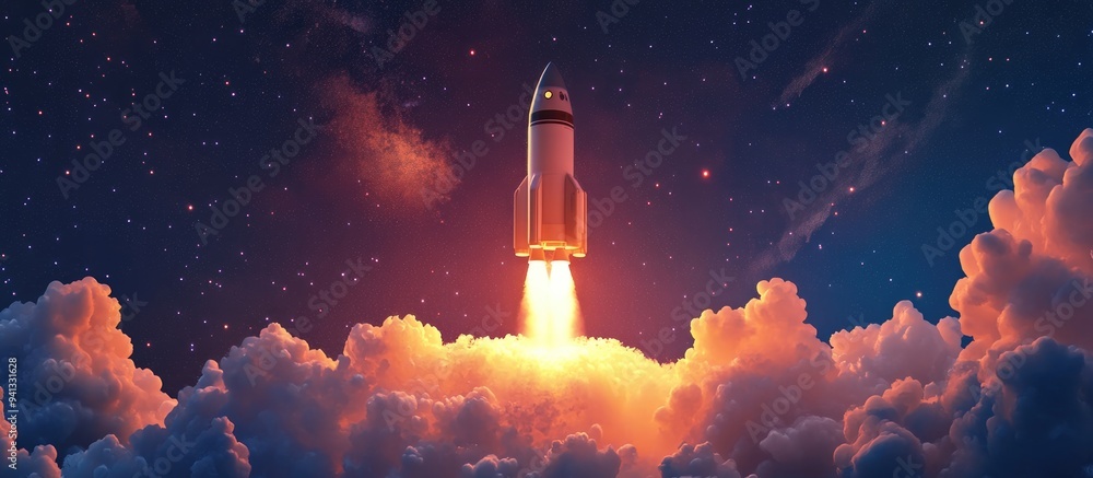 Poster spaceship launching into a starry sky in a 3d cartoon rendering rocket ascends into space concept