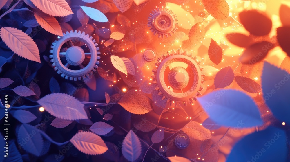Poster illustration featuring gears leaves and abstract lights depicted in a 3d cartoon rendering focusing 