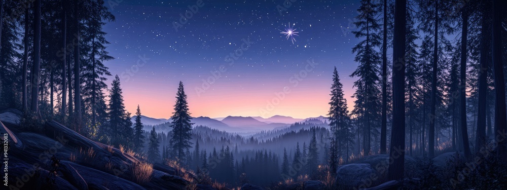 Poster Illustration of a forest landscape at twilight featuring a north star in a 3D cartoon rendering style complemented by astronomical design elements