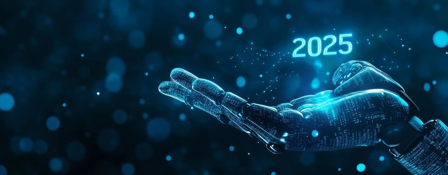 Greetings in 2025. The computer's AI drawing hand drew a rising curve, graph, from 2024 to 2025, which reflects the technology's growth, accomplishments, and improvement.