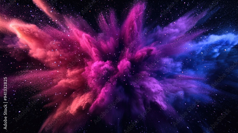 Poster multicolored powder explosion on a black background in a 3d cartoon rendering