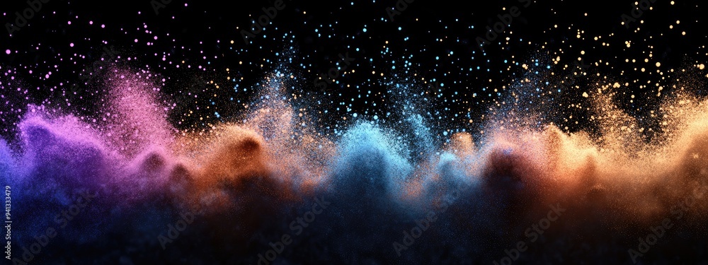 Poster Abstract powder splatted background in a 3D cartoon rendering showcasing the freeze motion of exploding color powder and color glitter texture against a black backdrop