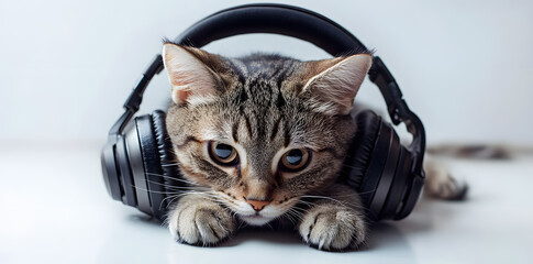 Portrait of funny cool cat with headphones on isolated background