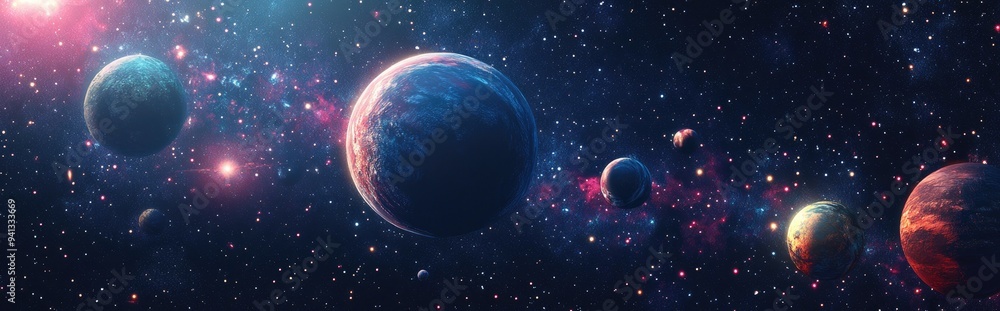 Leinwandbilder 2D illustration in a 3D cartoon rendering style featuring deep interstellar space with stars planets moons and comets showcasing a variety of creative science fiction backdrops Space art