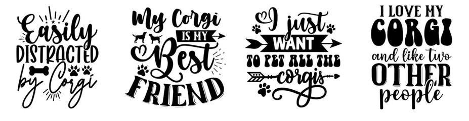Colourful Corgi Typography, Trendy Retro Style Illustration Bundle Vector Illustration for Social Media Post, Packaging, Bookmark