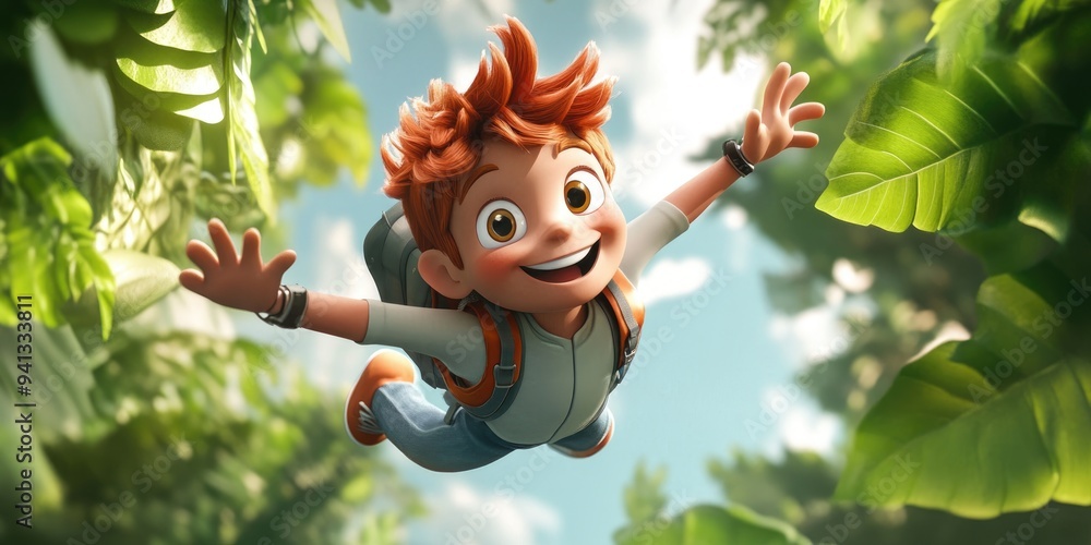 Aufkleber Cartoon illustration of a happy and funny scene featuring a boy flying in a 3D rendering for children