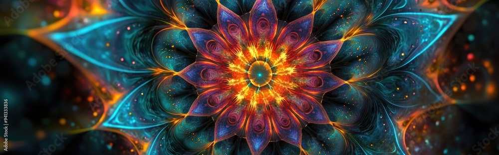 Poster Beautiful mandala in a 3D cartoon rendering Abstract fractal shapes and patterns Infinite universe with mysterious psychedelic relaxation designs Liquid acrylic paints and sacred geometry