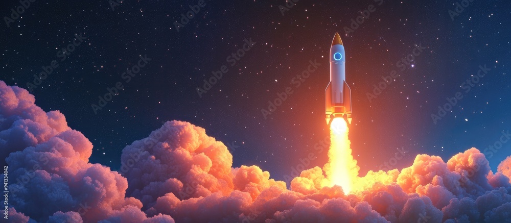 Poster spaceship rocket flying into space through clouds of smoke set against a starry sky in a 3d cartoon 