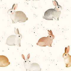 A seamless watercolor pattern featuring rabbits in a minimal and vintage style, showcasing a delicate and charming design with soft colors and a timeless appeal.......