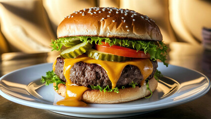 Mouthwatering classic cheeseburger featuring a juicy beef patty, melted cheese, fresh lettuce, tomato, pickles, and soft bun, set against a warm, inviting eatery background. 