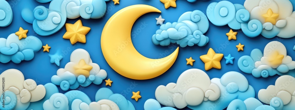 Poster Seamless pattern featuring a 3D cartoon rendering of the moon stars and clouds in a starry night theme This boho style decorative background is ideal for wallpaper digital paper wrapping design fa