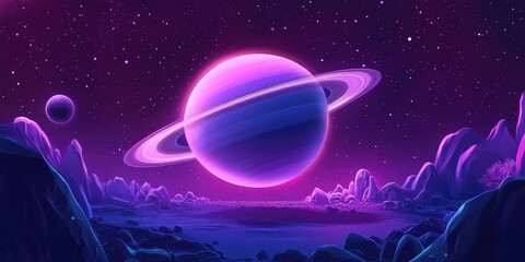 Hand drawn 3D cartoon rendering of Saturn in a futuristic space setting with light elements