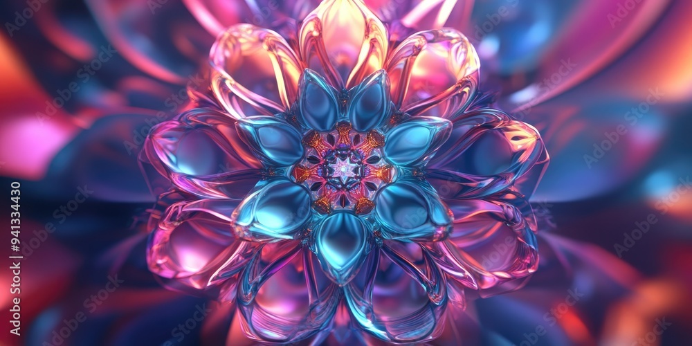 Poster Beautiful mandala in a 3D cartoon rendering Abstract fractal shapes and patterns Infinite universe with a mysterious psychedelic relaxation design Dynamic flowing natural forms Sacred geometry