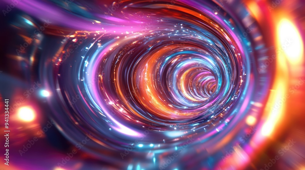 Poster vibrant and colorful concept for light speed hyperspace and space warp travel depicted in a 3d carto