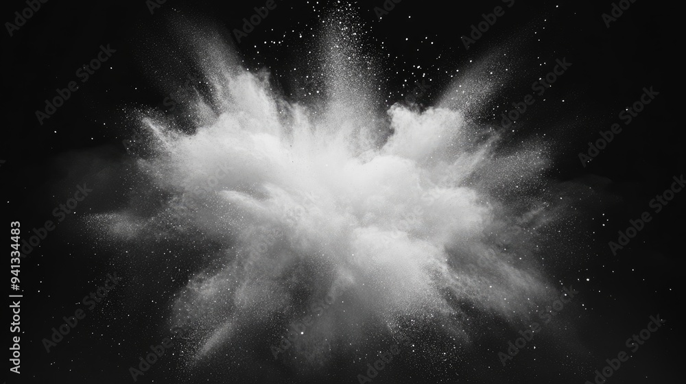 Poster freeze motion of white dust explosion on black background in 3d cartoon rendering stopping the movem