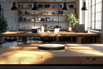 Wooden Tabletop With Product Display in Minimalist Office